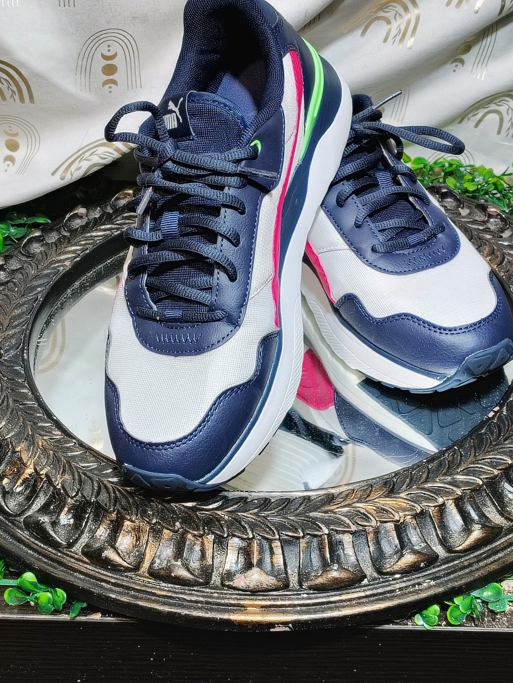 PUMA Women's Navy White Sneakers with Pink & Green Accents